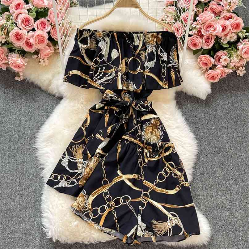 

Retro Printted Women's Sets Summer Off shoulder Butterfly Sleeve Long Blouse Tops and Elastic waist Shorts Two piece 210602, Picture color 1