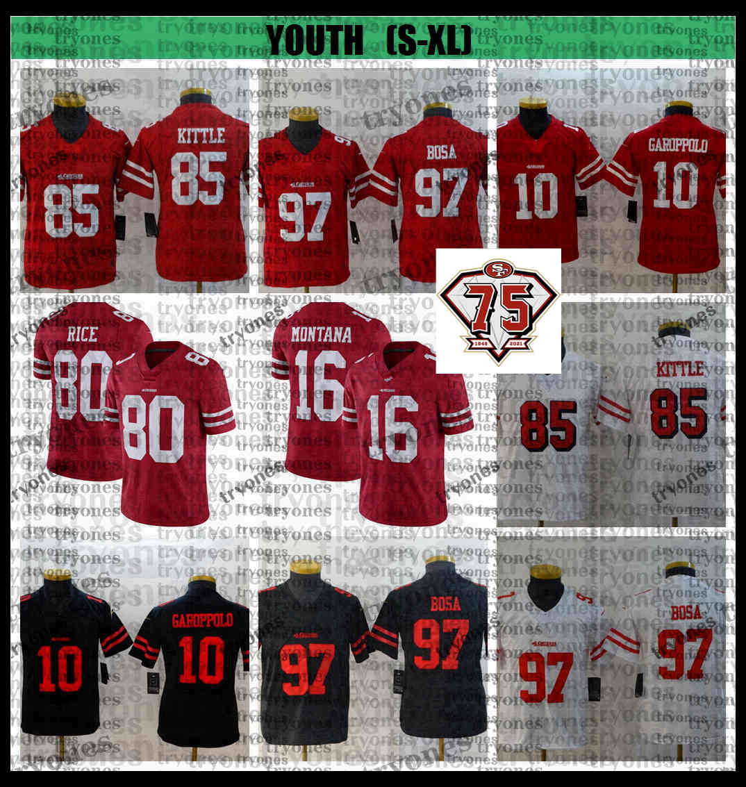 

Youth 75th Kids 85 George Kittle Nick Bosa Jimmy Garoppolo Richard Sherman Joe Montana Jerry Rice Football Jersey Embroidery BB6, Black;red