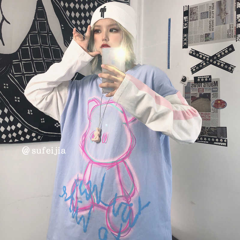 

Bear cartoon winter print Korean plus size punk Vintage long-sleeved O-neck Harajuku loose female hip-hop casual ins sweatshirt 210608, Black