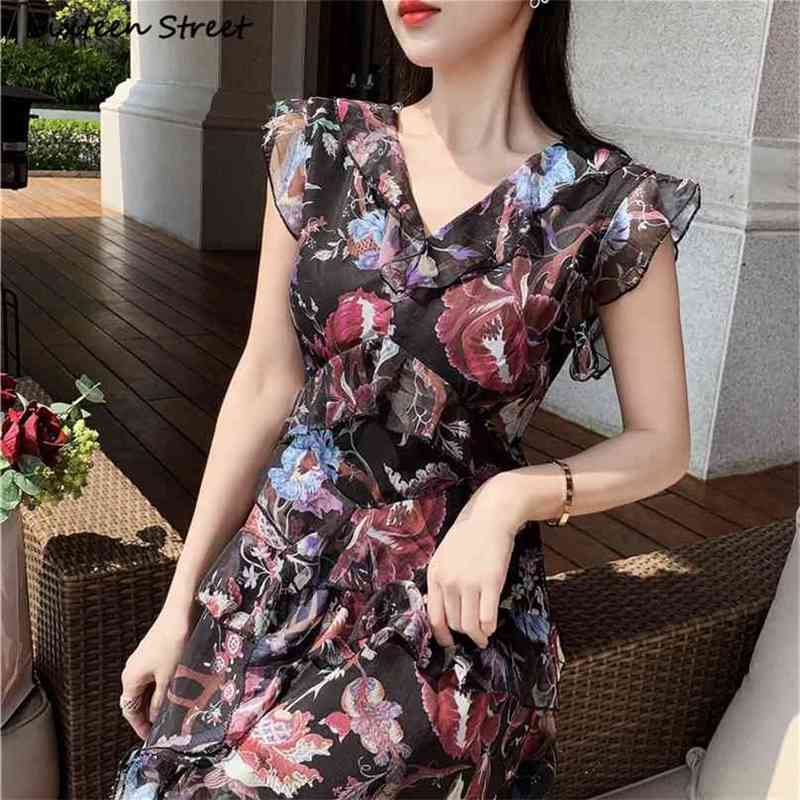 

Vintage Sleeveless Dress Woman Summer V-neck Printed Ruffles High Waist French Women Evening es Long Luxury 210603, Gray