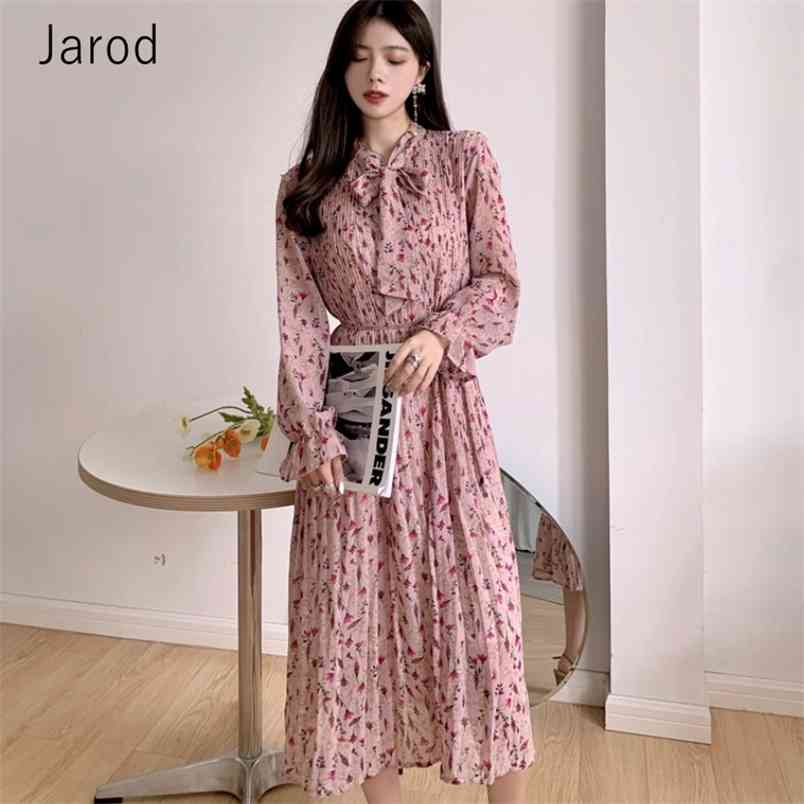 

Spring Women Fashion Sweet Bow Tie Full Sleeve Elastic Waist Print Chiffon Pleated Dress Robe Vestidos femme 210519, Pink