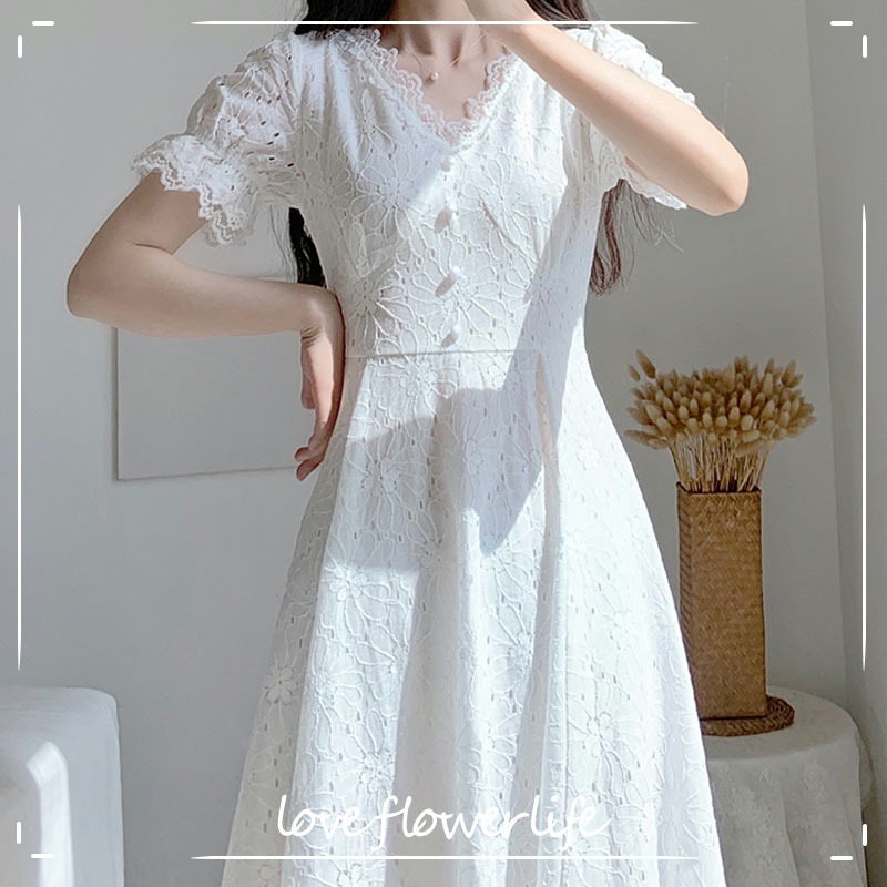 

Vintage Elegant Dress Women Lace V-neck Dress Korean High Waist Evening Party Kawaii Fairy Dress Female Summer 210521, White