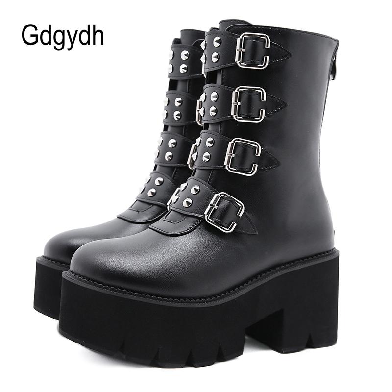 

Boots Gdgydh For Women Fashion Designer Gothic Punk With Platform Heels Black Buckle Strap Combat Motorcycle