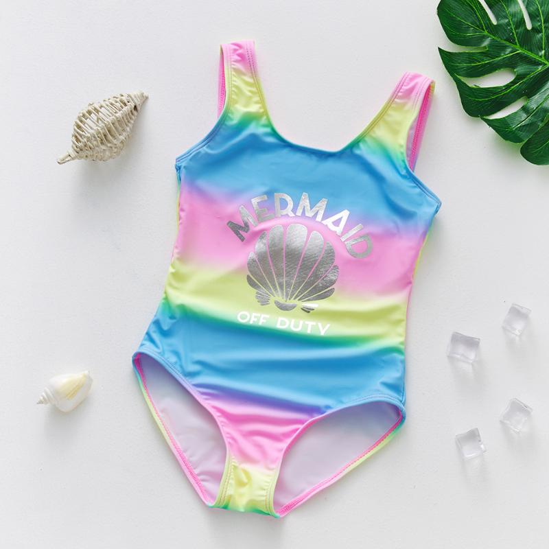 

One-Piece Suits Baby Girl Cute Shell Letter Printed Swimsuit Swimwear 2-11Y Kids Children Summer Casual Fashion Tie Dye Bathing Suit Beachwe