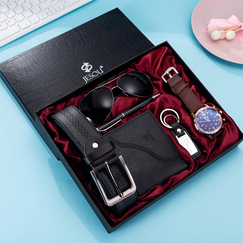 

Wristwatches Luxury Top Brand Watch Set 6pcs Genuine Leather Belt Sunglasses Key Chain Gift For Boyfriend Husband Dad