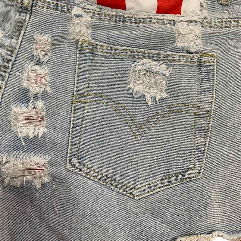 2021 Outdoor Shorts spring and summer Heavy craft frayed plus-size flag print Independence Day ripped jeans ladies