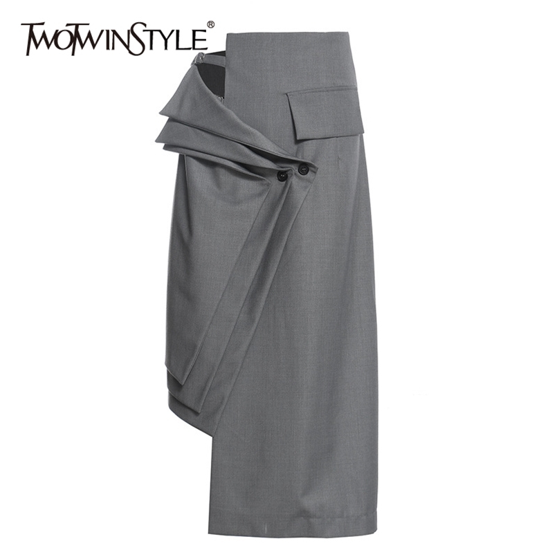 

Asymmetrical Patchwork Skirt For Women High Waist Hollow Out Irregular Hem Casual Skirts Female Autumn 210521, Gray