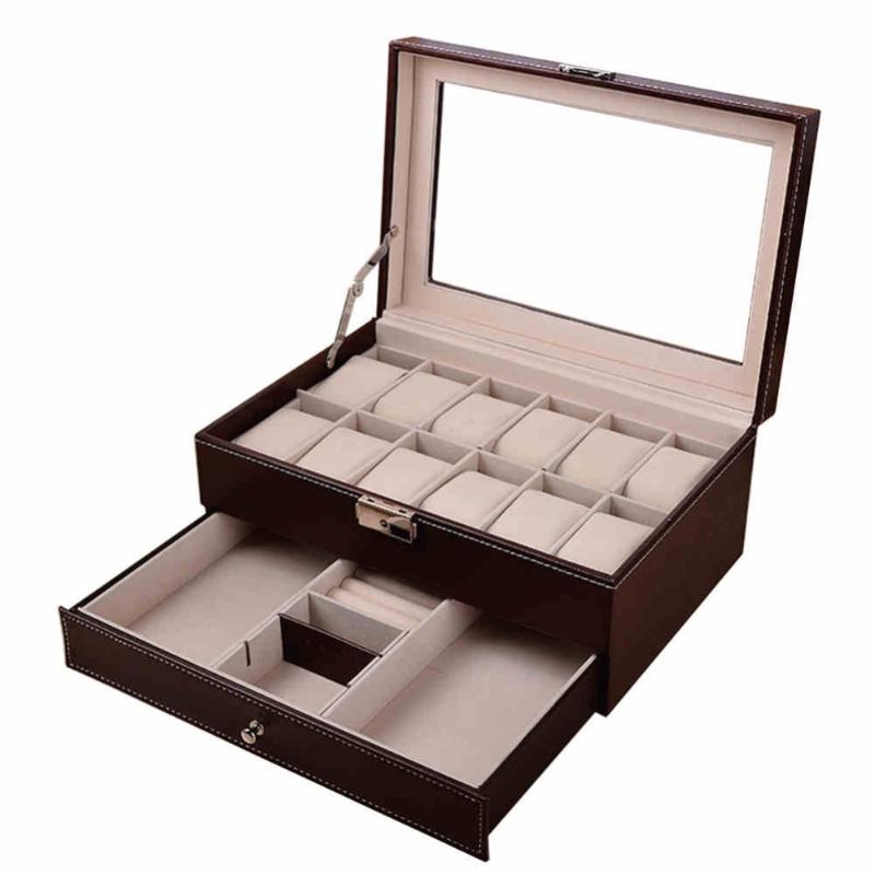 

Jewelry Pouches, Bags 12 Grids CF Rectangle Leather Watch Box With Drawer Make Up Organizer Casket Storage, Pink;blue