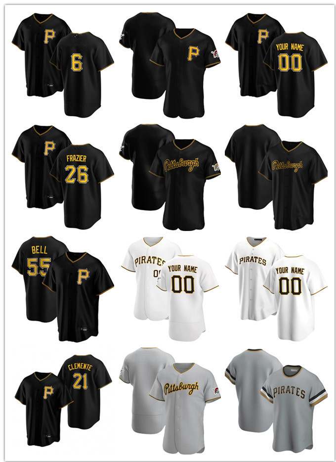 

Custom Mens women Youth Pittsburgh Pirates 26 Adam Frazier 6 Starling Marte 55 Josh Bell 21 Roberto Clemente Baseball Jerseys, Blue;black