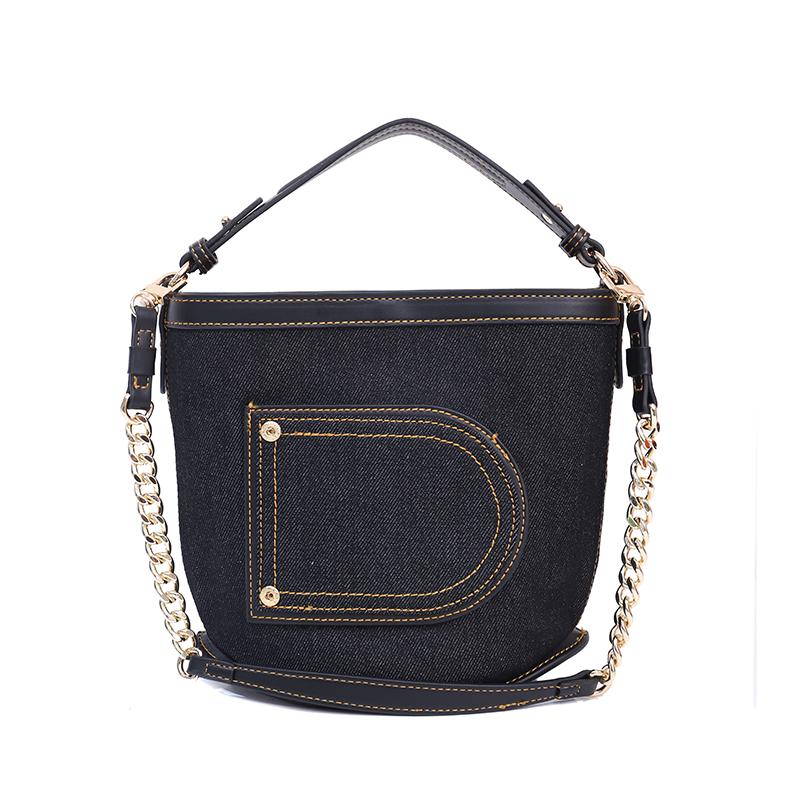 

Stylish Denim Fabric Small Bucket Hand Bag Smart Chain Crossbody Shoulder Bags Female Women Mini Handbags Ladies Black Purses