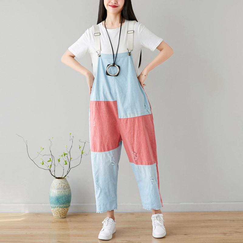 

Women's Jumpsuits & Rompers Retro Large Size Stitching Contrast Color Hole Casual Pants Cotton And Linen Multicolor Summer Cool Fashion Pers, Green