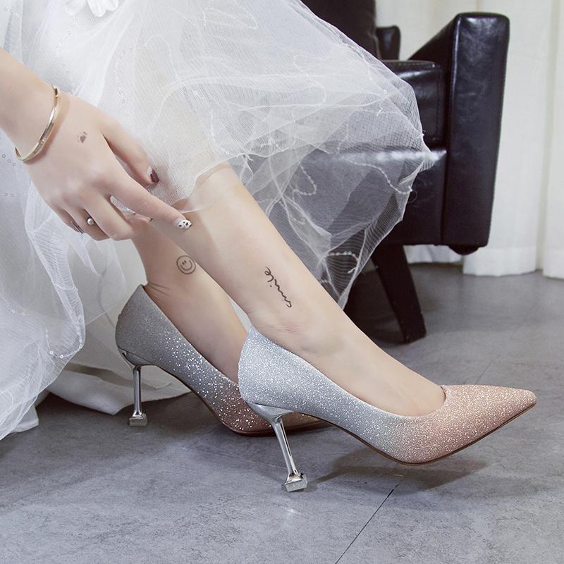 

Dress Shoes Women High Heels Dreamy Gradient Color Pointed Wild Fine Elegant Bride Wedding Set Of Sequins Ladies Fenty Beauty W32-23, Champagne