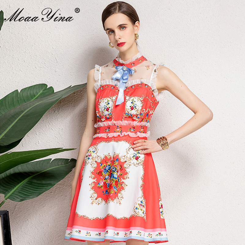 

Fashion Designer Summer Dress Women' Sleeveless Patchwork High waist Floral print Vintage Mini 210524, Red