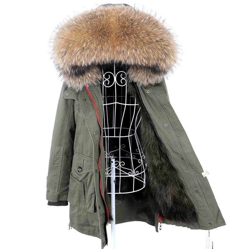 

Mmaomaokong Fashion Real Winter Jacket Natural Fur Coat Raccoon Collar Loose Long Green Parker Removabl 211110, Faux lining-6