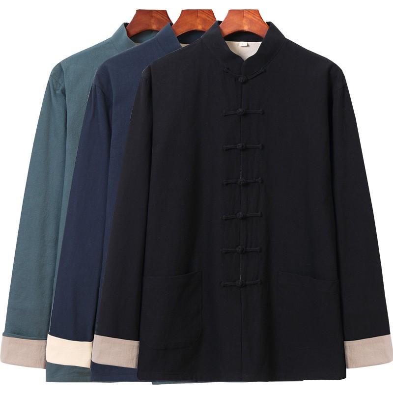 

Ethnic Clothing Autumn Men Tang Suit Long Sleeve Tops Cotton Linen Jacket Mandarin Collar Chinese Shirt Male 3XL 4XL
