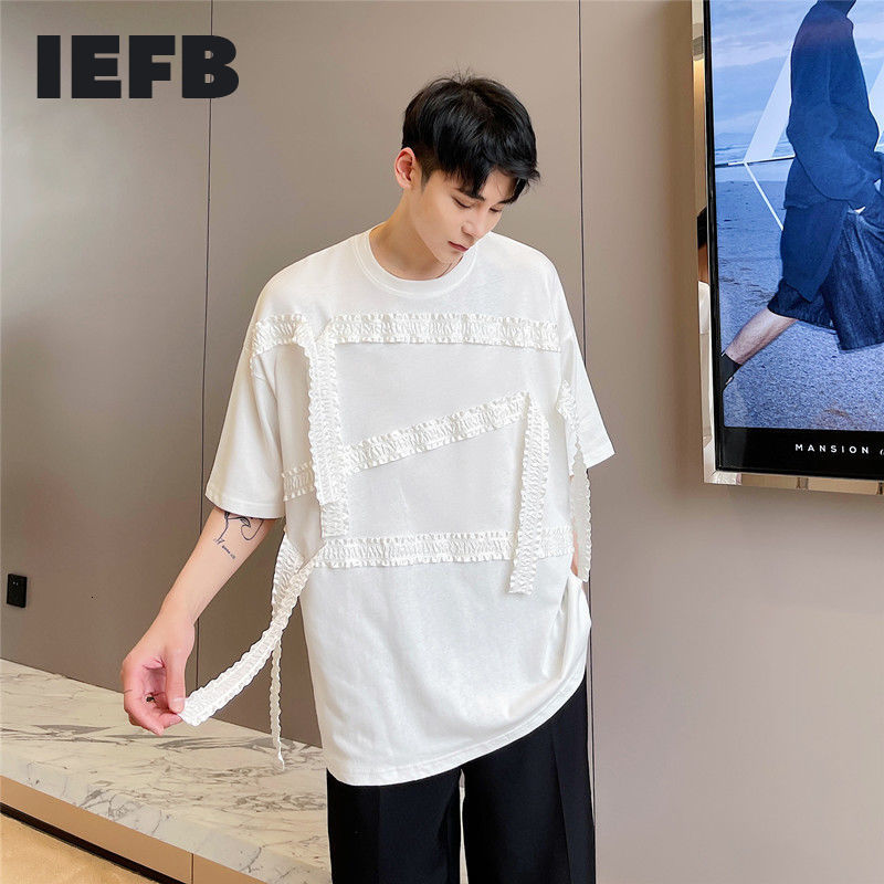 

IEFB Summer Men's Clothing Ribbon Design Half Sleeve T-shirt Male Fashion Korean Trend Loose Tee Tops Black White Y7042 210524