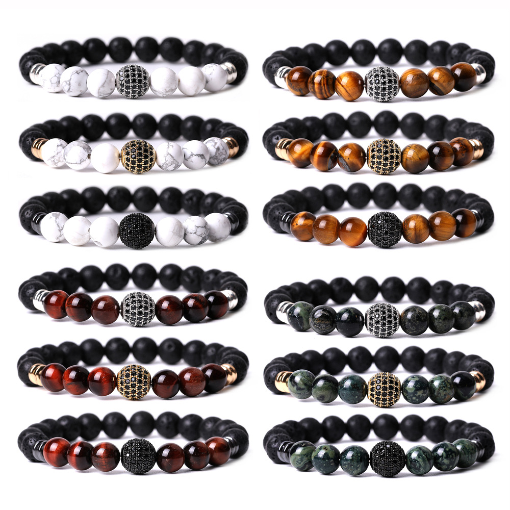 

CZ Ball Natural stone Beaded Men Handmade Bracelet 8mm Turquoise Tiger Eye Buddha Lava beads Bracelets Women Jewelry gift