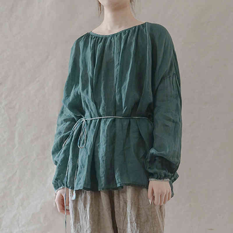 

Johnature Vintage Linen Pullover T-shirts For Women Solid Color O-Neck Long Sleeve Belt Loose Tops Female Casual Tees 210521, White