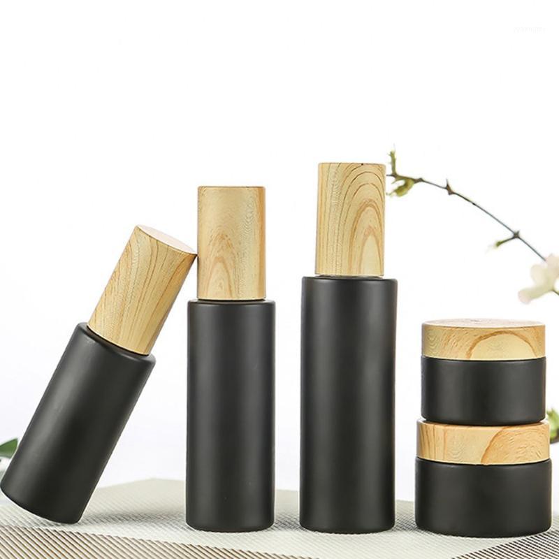

Storage Bottles & Jars 1PC Matte Black Glass Skin Care Eye Cream Bottle Cosmetic Container Lotion Spray With Wood Grain Lid