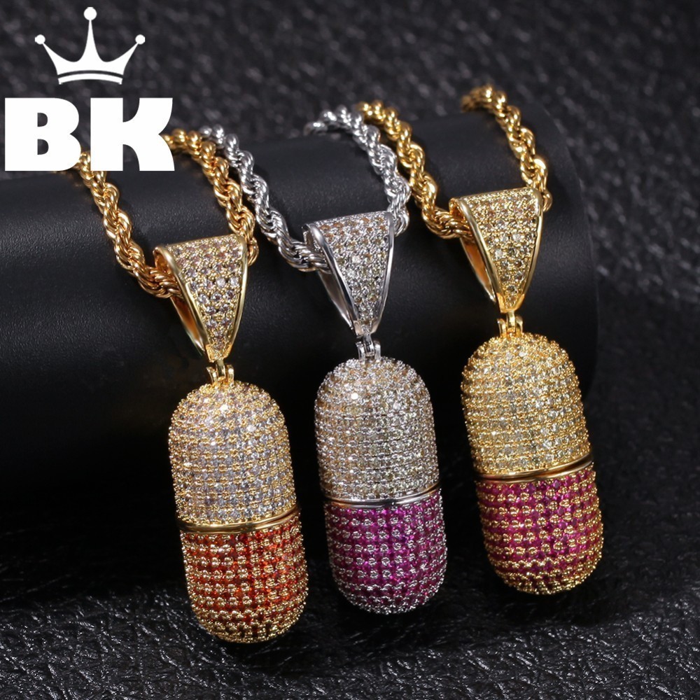 

THE BLING KING Custom A pill that can be opened Necklace Hip Hop Full Iced Out Cubic Zirconia gold sliver CZ Stone X0509
