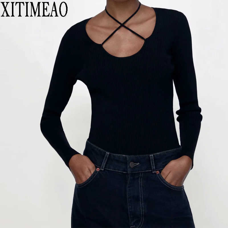 

ZA Autumn Knitted Sweaters O Neck Women Basic Slim Pullover Lace Up Solid Tops 210604, Dark red