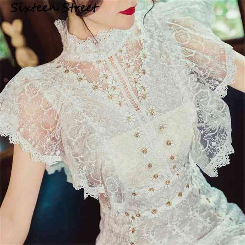 

Woman Dress Daisy Embroidery White Mesh Sleeveless Lace female patchwork stand neck casual bodycon summer 210603, Short dress