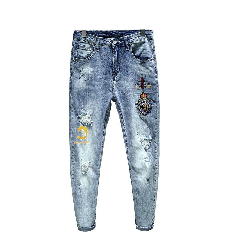 

Mens Korean Comfortable Light Blue Embroidery Pants Hole Straight Printing Elasticity Harajuku Jeans High Quality Denim Men's
