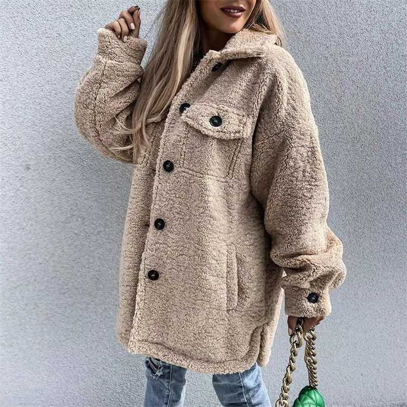 

Autumn Winter Warm Soft Fleece Cardigan Tops Elegant Turn-down Collar Button Women Long Outwear Casual Solid Long Sleeve Jackets 211109, 01 white