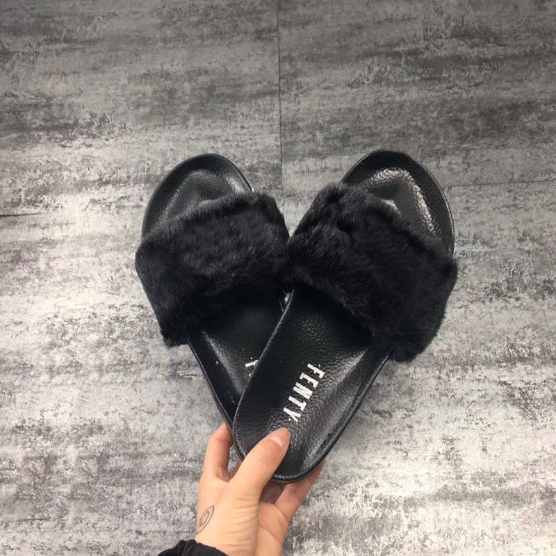 

2021 Rihanna Leadcat Fenty Slipper Faux Fur Burgundy Slide Slippers Ladies Indoor Purple Pink Grey Sandals 1, Black