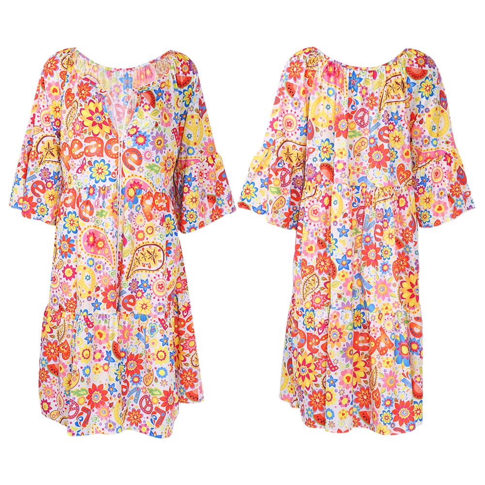 

2021summer women boho floral long sleeve dress holiday beach shirt dress ladies print mini dress plus size s-5xl, Black;gray