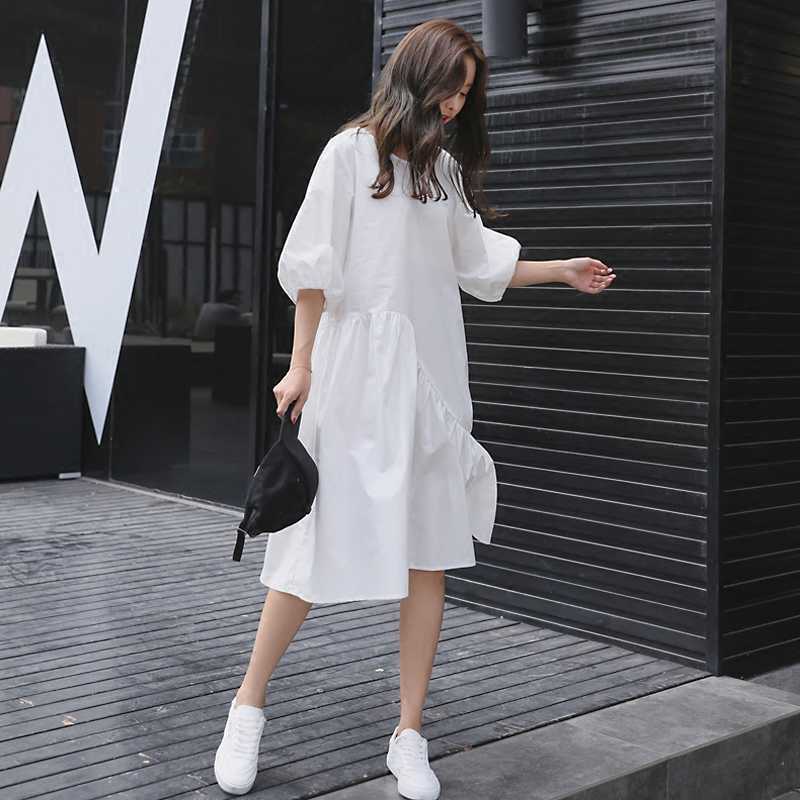 

Summer Korean Pleated Short Sleeve Dress Loose Casual Irregular Lantern High Street Ruffles Knee-Length 210615, Apricot