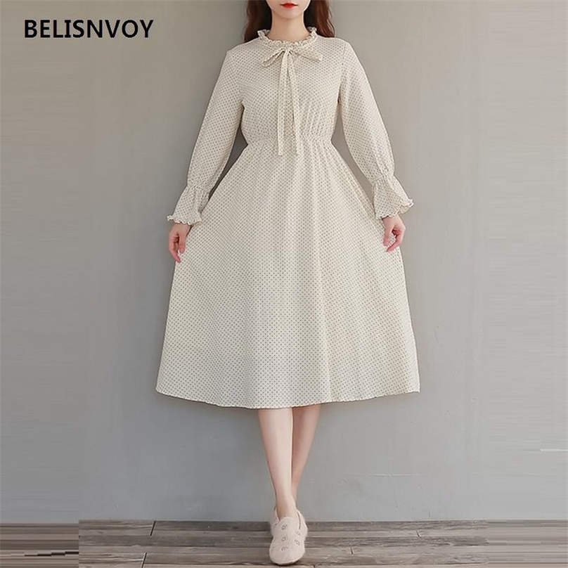 

Arrival Autumn Women Midi Dress Flare Sleeve Polka Dot Printed Mori Girl Elegant Ruffled Collar Cotton A-line Vestidos 210520, Ivory