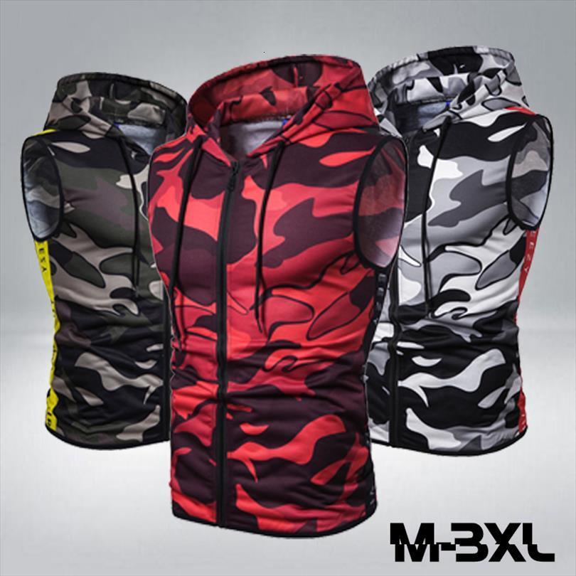 

mens camouflage zipper hooded sleeveless printed fitness sports vest, White;black