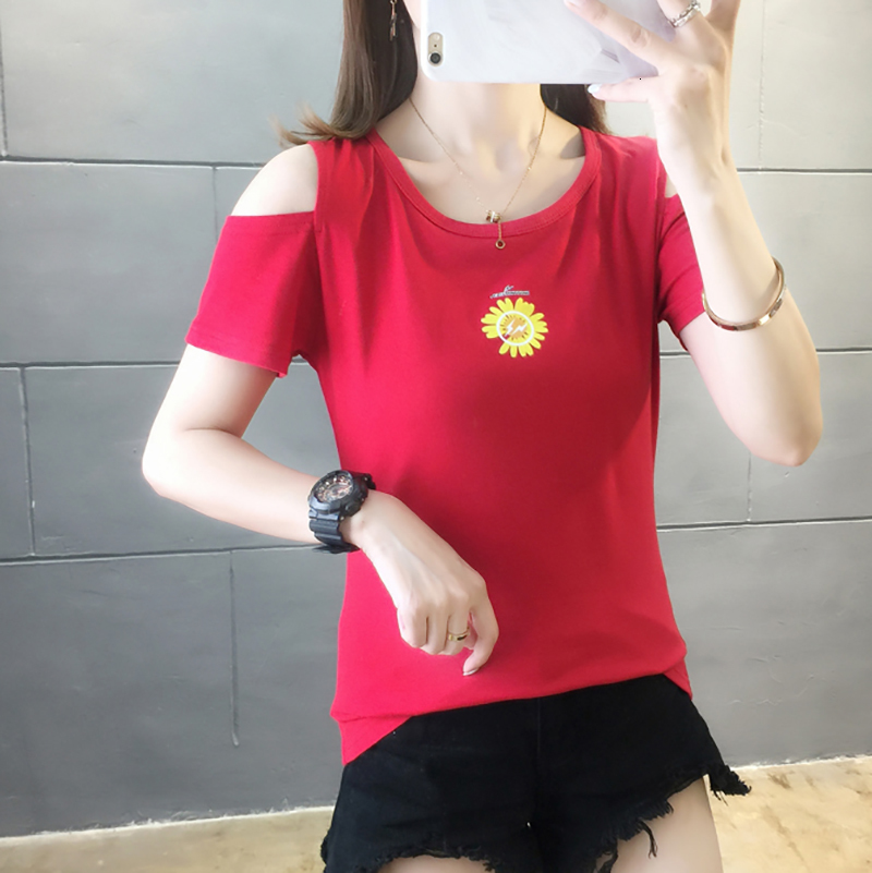 

Women's T-Shirt Floral Print T Slim Hole Women Clothes Summer Off Shoulder Tops Short Sleeve Tshirt Cotton Tee Femme YYIA, Blue t shirt