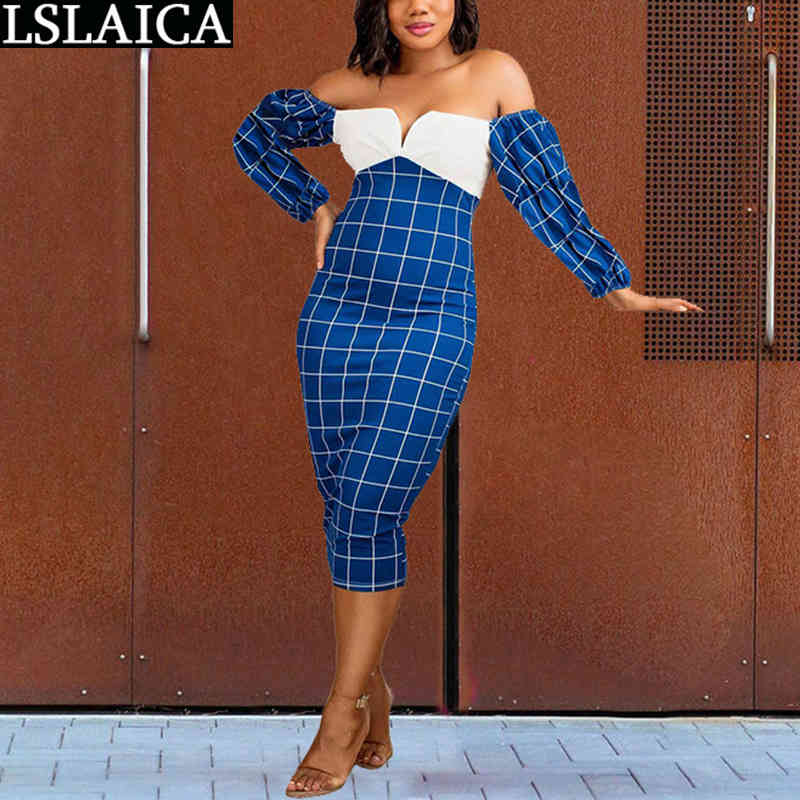 

Midi Dress Off Shoulder Plaid Slim Sexy Patchwork Vintage Fashion Party Casual Long Sleeve es for Women Autumn 210520, Blue
