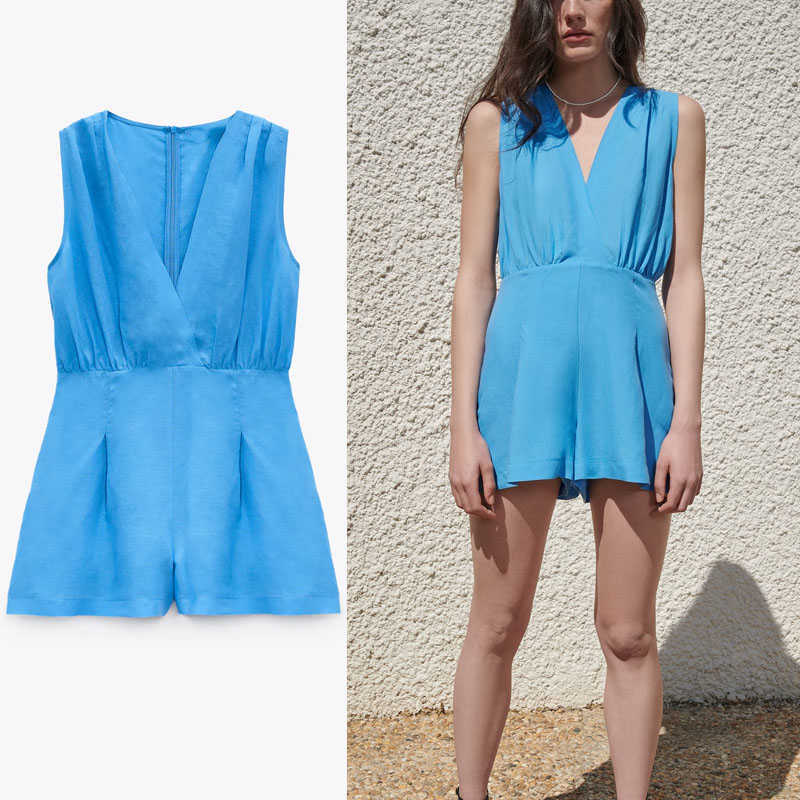 

ZA Blue Rustic Short Jumpsuit Women Vintage Sleeveless Pleated Summer Playsuit Fashion Back Zip Casual Woman Jumpsuit 210602