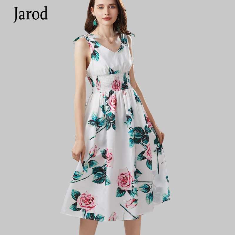 

Summer Holiday Beach Dress Runway Designer Women Elastic waist V Neck Rose Floral Print Spaghetti Strap Patry 210526, White