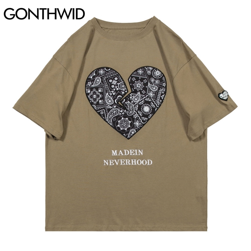 

Tees Shirts Hip Hop Bandana Paisley Heart Print Tshirts Streetwear Harajuku Casual Cotton Short Sleeve T-Shirts Tops 210602, Khaki