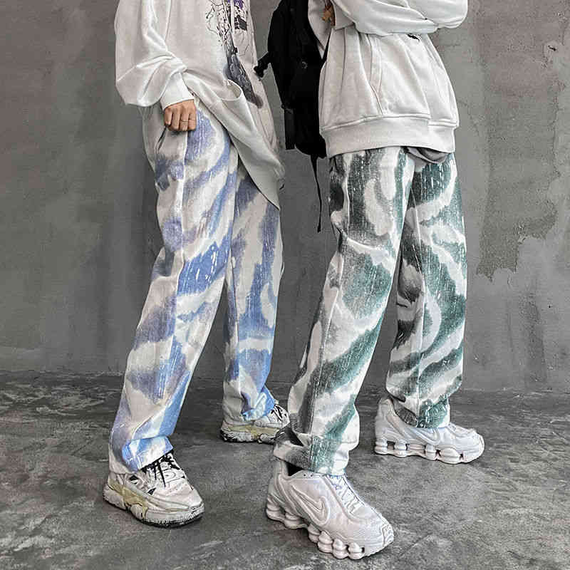 

men's pants korean cotton tie-dye fashion retro casual men streetwear wild loose hip-hop straight trousers mens m-2xl df1y, Black