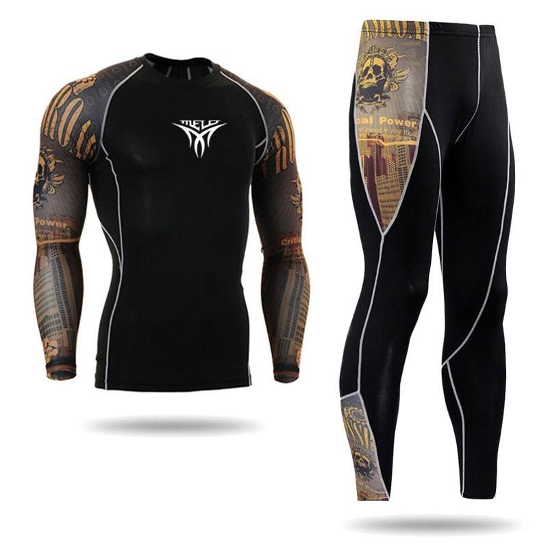 

Yoga Outfit Mens Sport Running Set Compression T-shirt + Pants Skin Hoop Long Sleeves Fitness Printing Workout Clothes Gym Suits