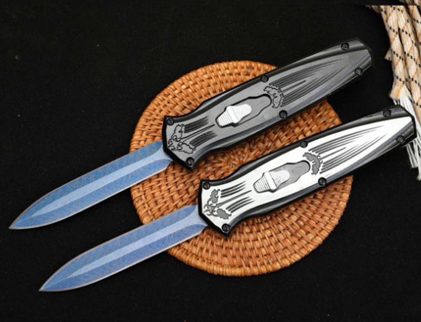 

New Arrival Automatic Tactical Knife 440C Double Edge 3D Pattern Blade Zn-al Alloy Handle Outdoor EDC Pocket Knives With Nylon Bag