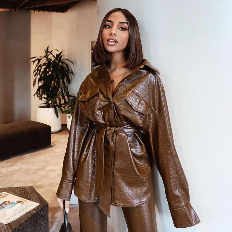 

Women's Leather & Faux Lugentolo Fashion Women PU Lapel Brown Long Sleeve Autumn Single-breasted Female Trend Animal Pattern Coats, Black