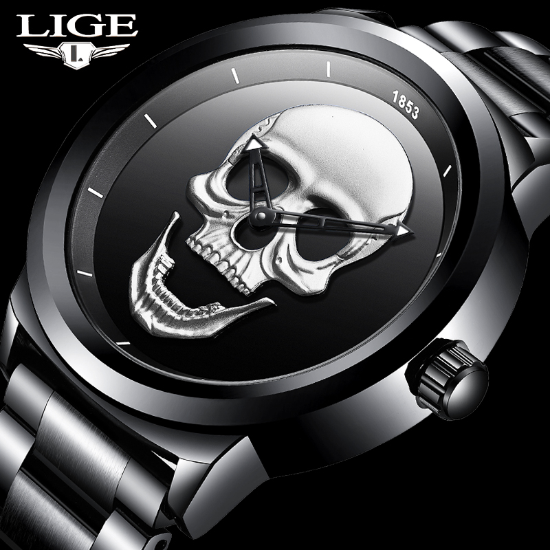 

2021 Cool Punk 3D Skull Men Watch Brand LIGE Luxury Steel Quartz Men Watches Waterproof Retro Fashion Gold Black Clock Relogiog, Black gold