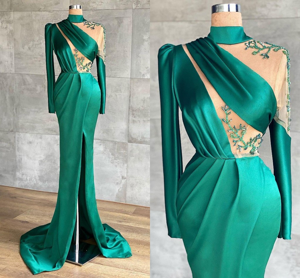 

Aso Ebi 2021 Arabic Hunter Green Sexy Evening Dresses Beaded High Split Prom Dresses Satin Formal Party Second Reception Gowns, Black