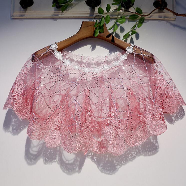

Scarves Women's Spring Summer Sequins Beaded Pink Mesh Cloak Lace Pashmina Female Vintage Sunscreen Shawl R1778