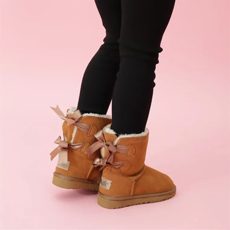 

Winter Kids Bailey 2 Bows snow Boots Genuine Leather Snow Boots For Children Girls Solid Toddlers Snow Boots With Bows Shoes EU21-35