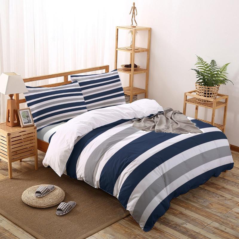 

Bedding Sets Striped Blue White Gray Printed Set Queen King Size Soft Fashion Duvet Cover Bed Sheet Fitted Pillowcase, As pic