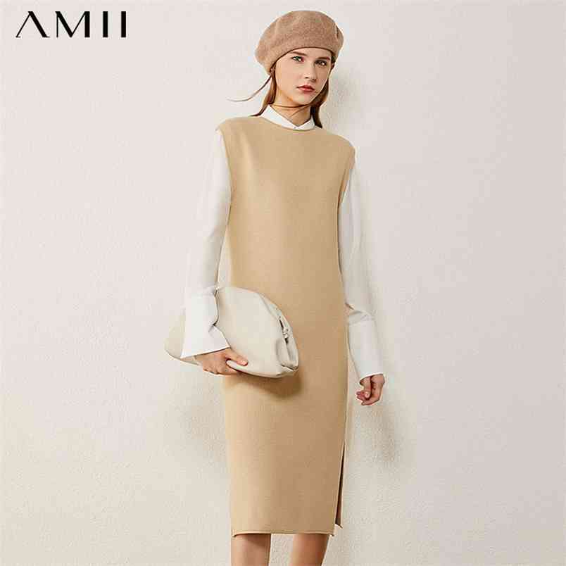 

Minimalism Autumn Winter Sweater Dress Fashion Causal Oneck Sleeveless Knee-length es For Women Vest 12070526 210527, Apricot