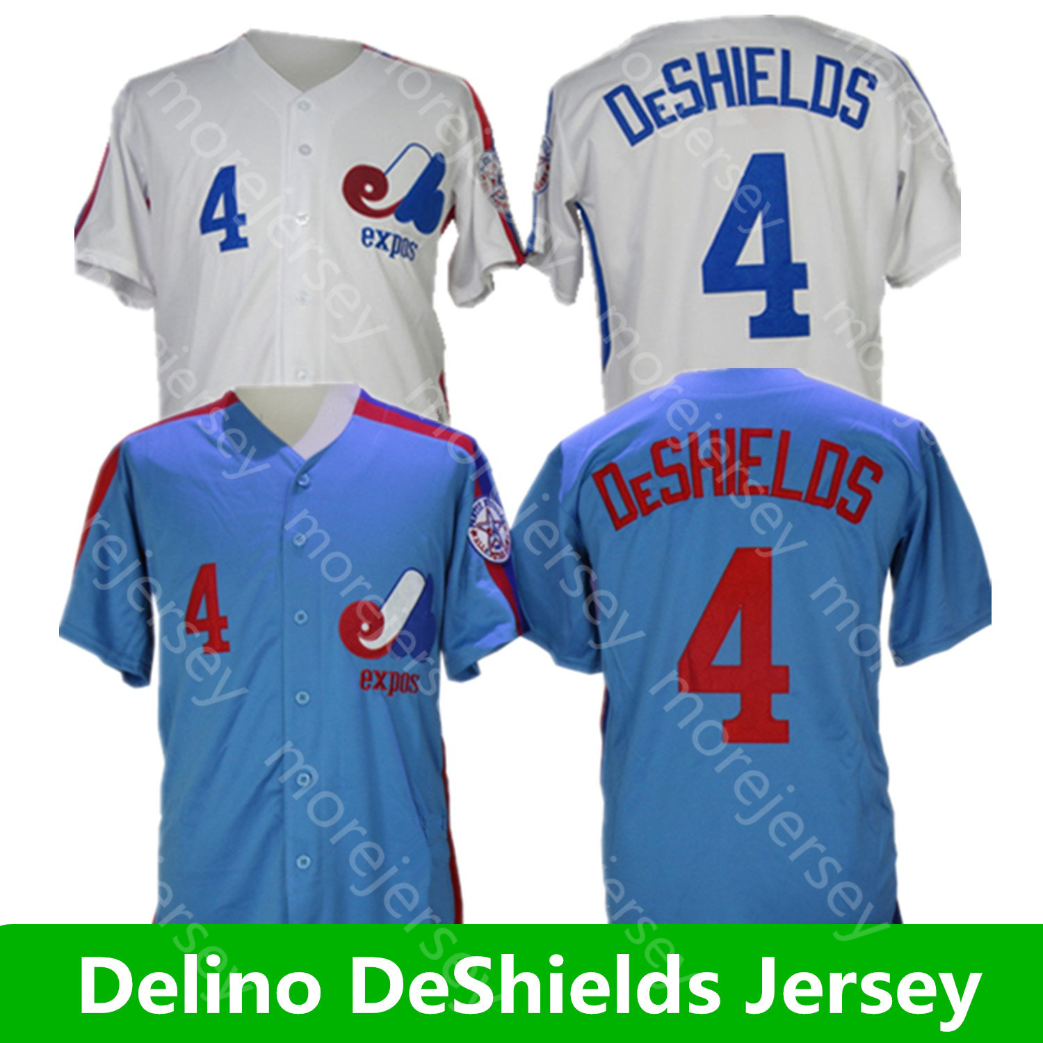 

Montreal Expos 4 Delino DeShields Jersey White Blue All Stitched Embroidery Size S-3XL