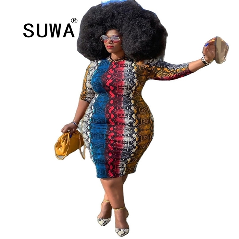 

Arrived Printed Wholesale Plus Size Clothes Bodycon Dresses Sexy Three Quarter Sleeves O Neck Multicolor Clubwear Dress 210525, Multi